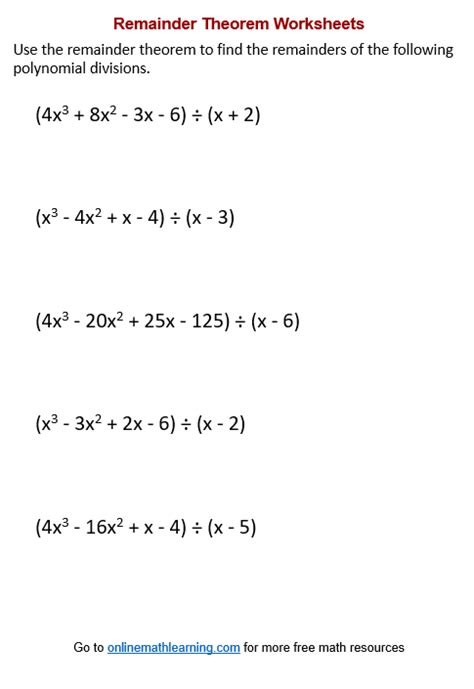 remainder theorem worksheet with answers